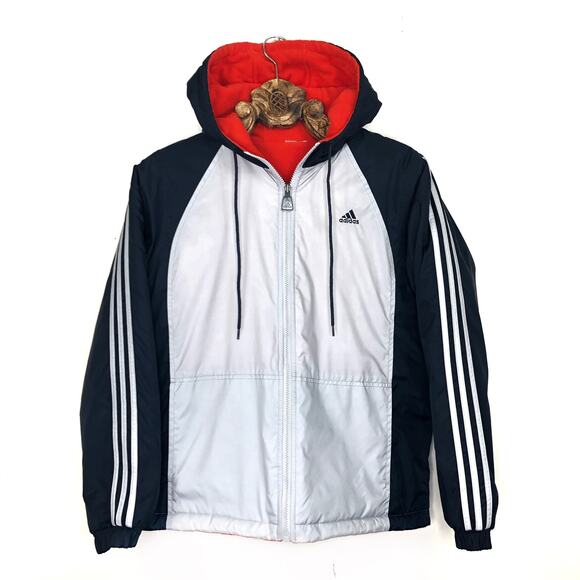 Adidas Reversible Jacket Windbreaker Quilted Neon Orange Fleece Hooded Small - Picture 1 of 10